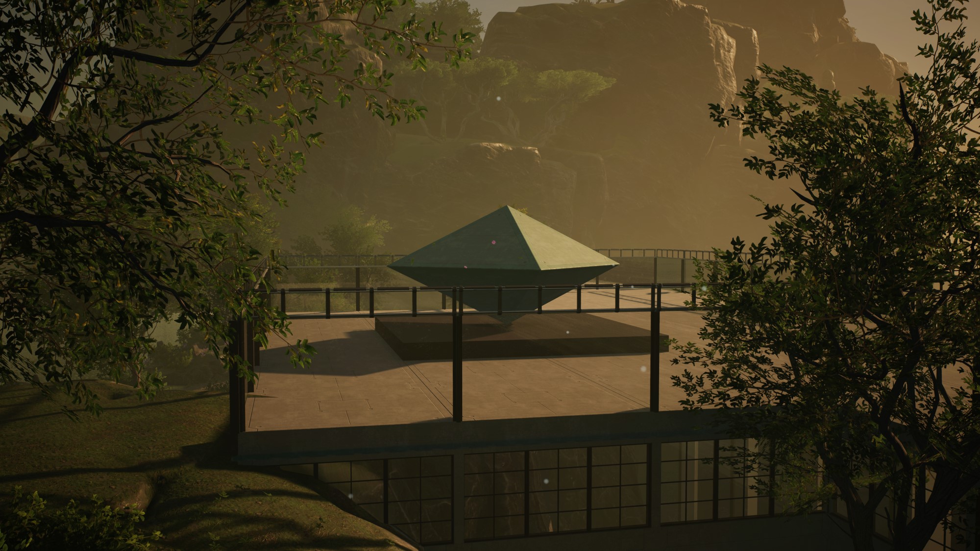 Virtual photograph of a modern concrete and glass building in a forest. From the game Satisfactory.